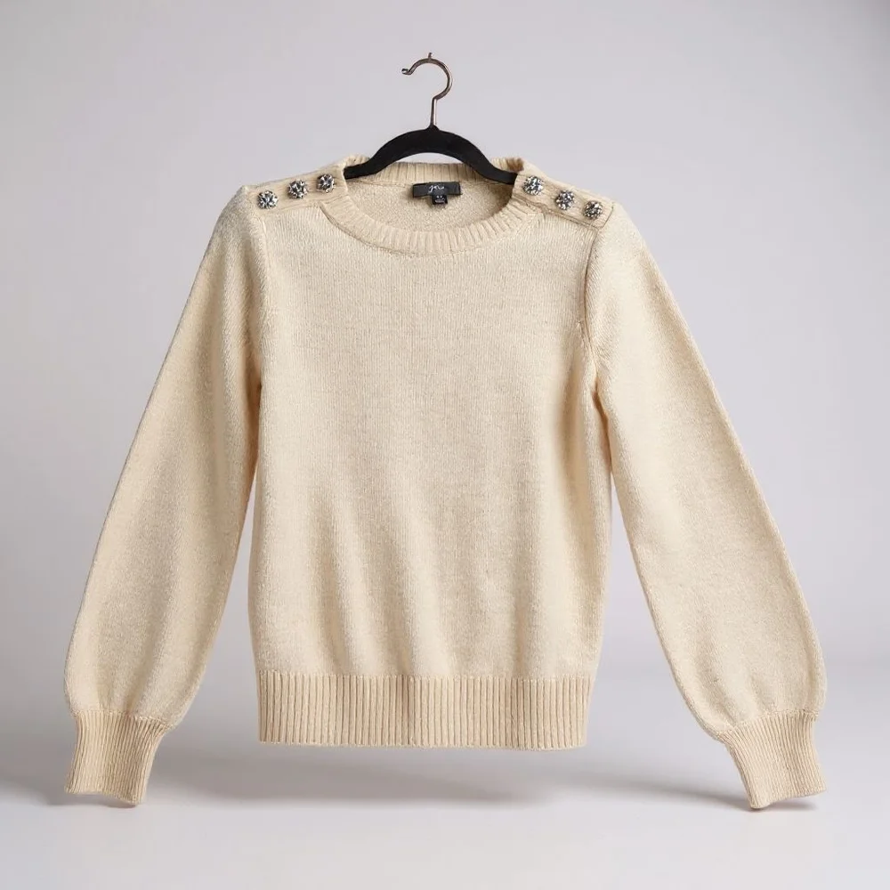 J. Crew Ivory Sweater Lambswool Blend Crew Neck Retro Rhinestone Trim Womens XS